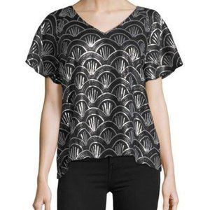 Tahari Black and Silver Short Sleeve Sequin Top